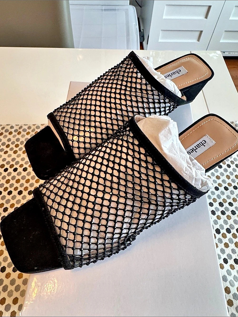 Charles David Noolie Wedge Sandal Black Mesh Heels US 10